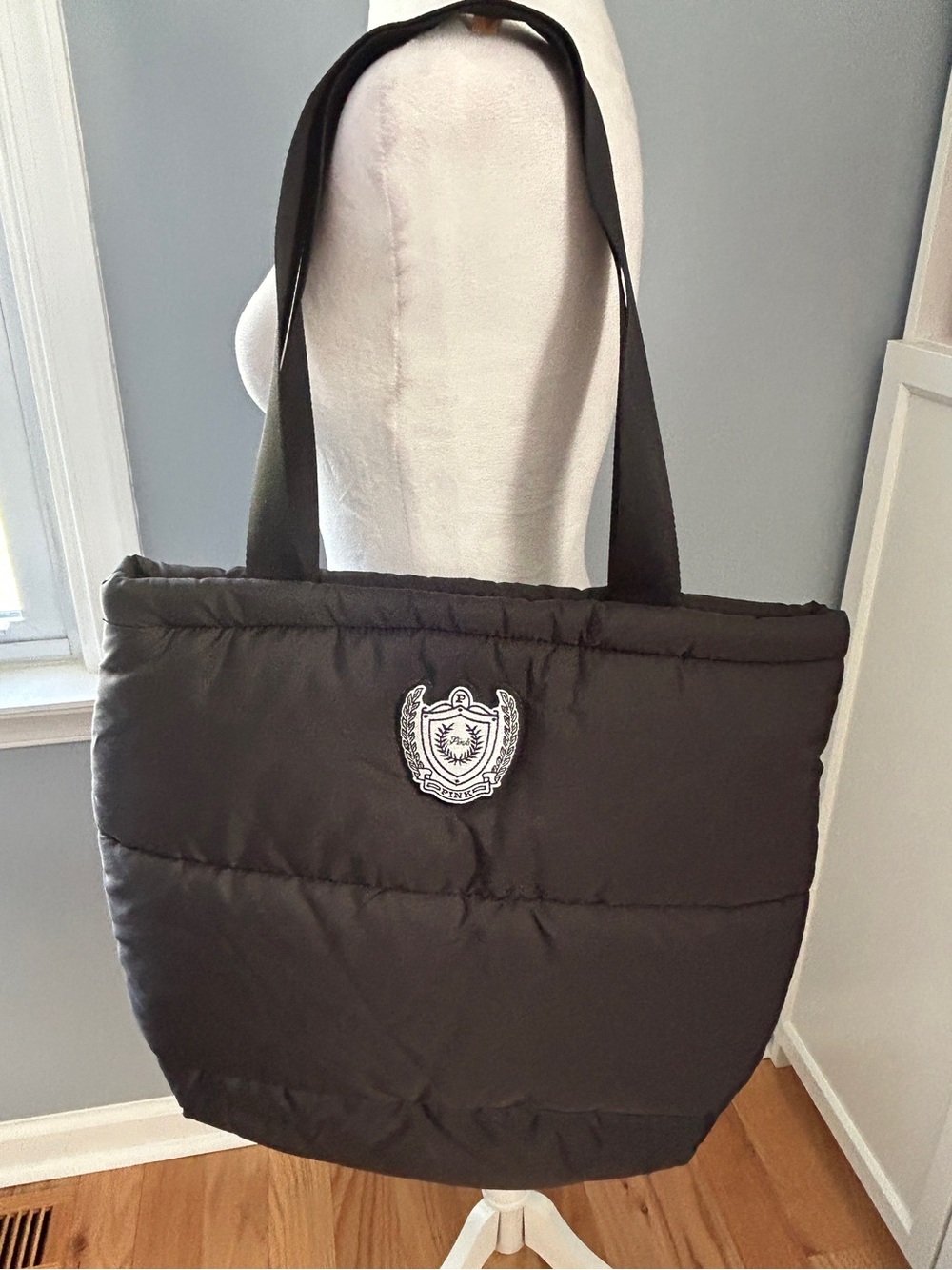 Victoria’s Secret PINK Puffer Tote Bag Black Quilted Crest Logo Shoulder Bag